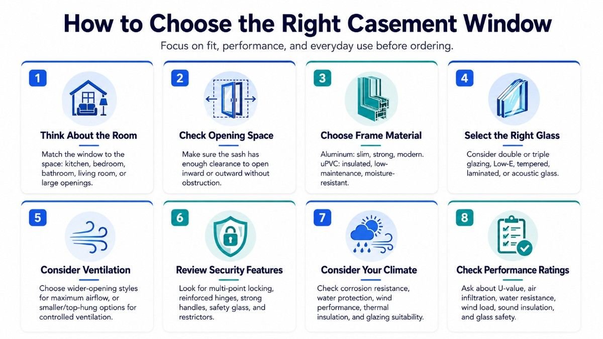 Landscape infographic outlining 8 key factors for choosing a casement window, including room type, opening space, frame material, glass, ventilation, security, climate, and performance ratings.
