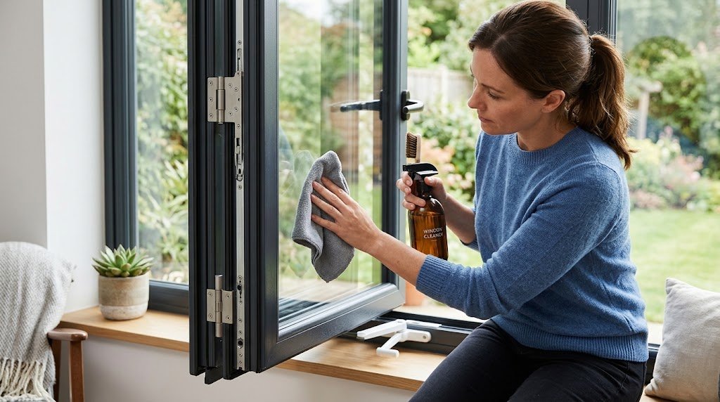 A woman using a microfiber cloth and spray bottle to clean a open black casement window frame in a bright living room.