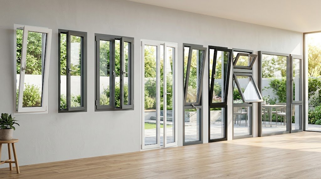 Different types of casement windows including single, double, French, push-out, crank-out, top-hung, and combination designs.