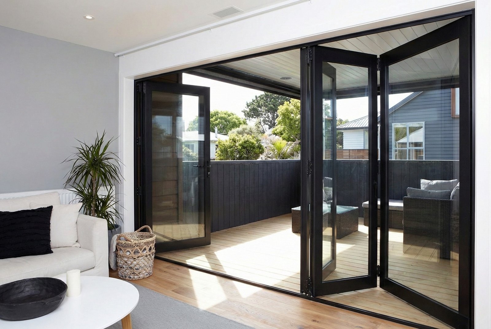 Cosy interior with aluminium bi-fold doors overlooking winter scenery