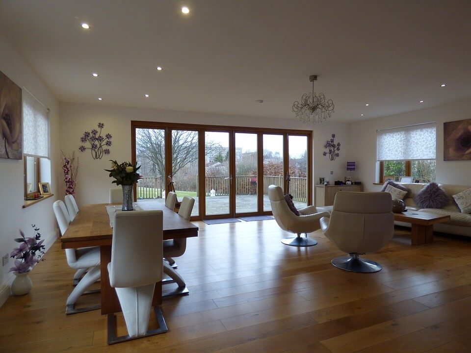 Living room with aluminum-framed bifold door