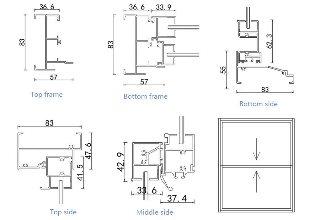 Section drawing of aluminum double hung