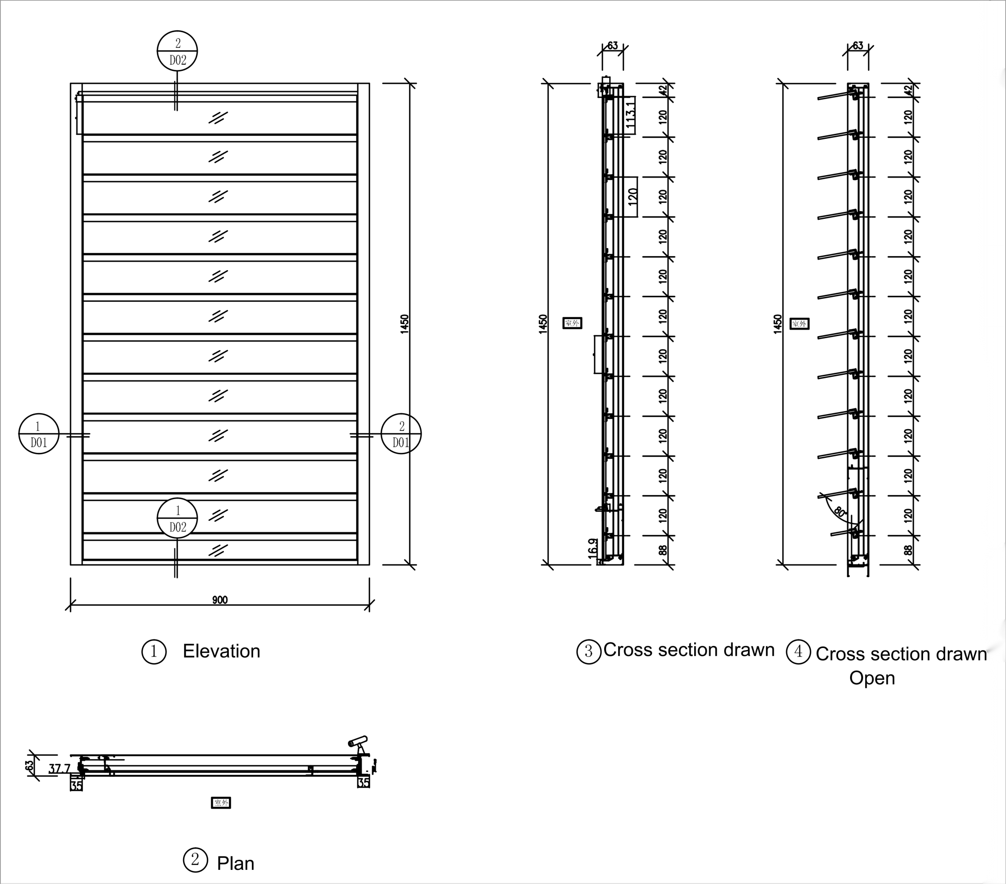 Section drawing for jalousie window