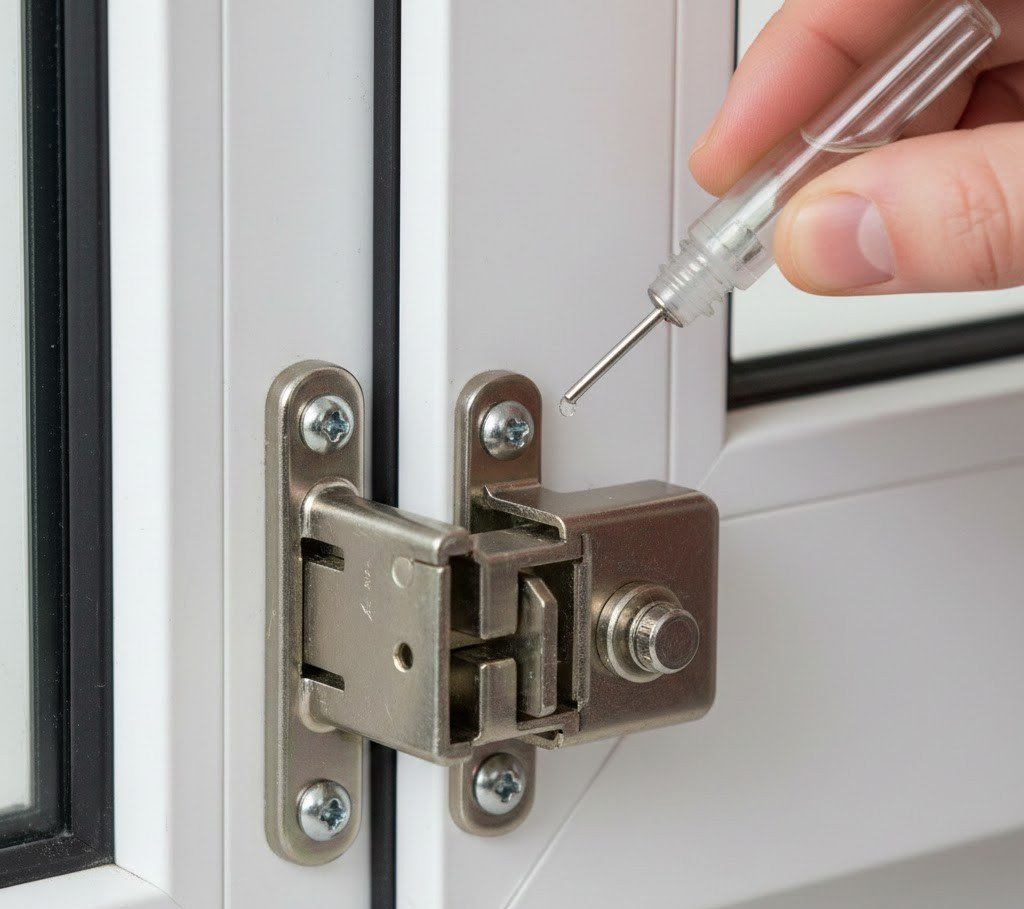 tilt-and-turn window hardware on the hinge/locking side, metal multi-point locking mechanism visible, a hand applying a small drop of clear lubricant from a precision bottle to moving parts, sharp detail on screws and metal finish, clean white frame background, workshop