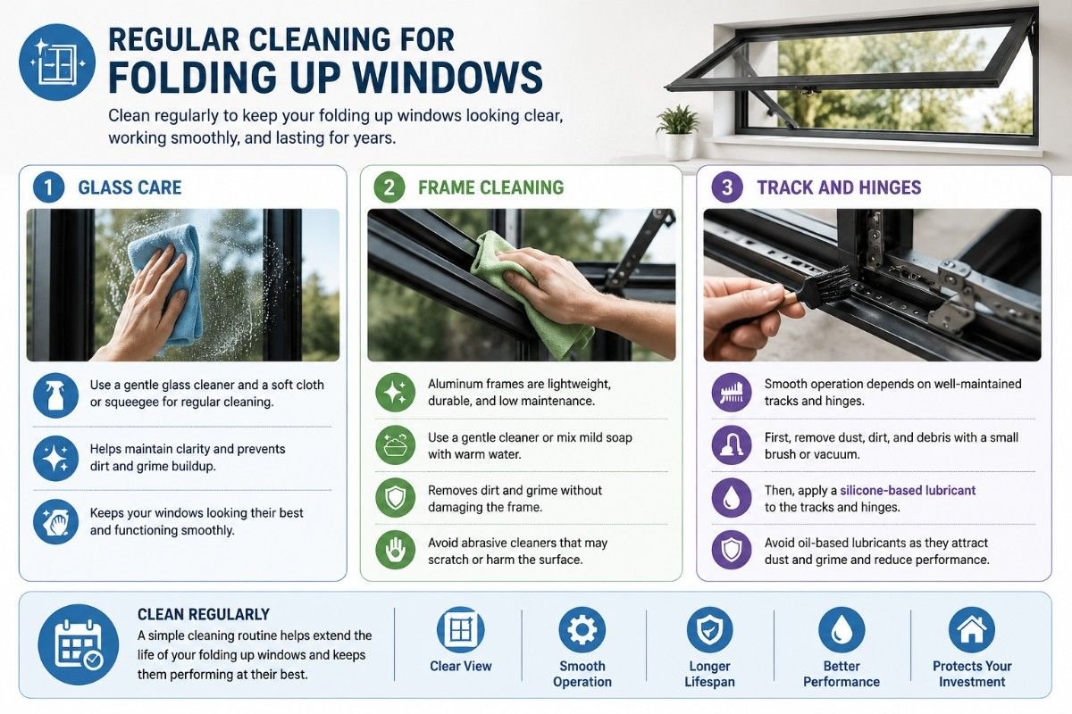 Infographic showing three maintenance steps for folding-up windows: clean the glass, wash the frame, and maintain tracks and hinges for smooth operation and longer lifespan.