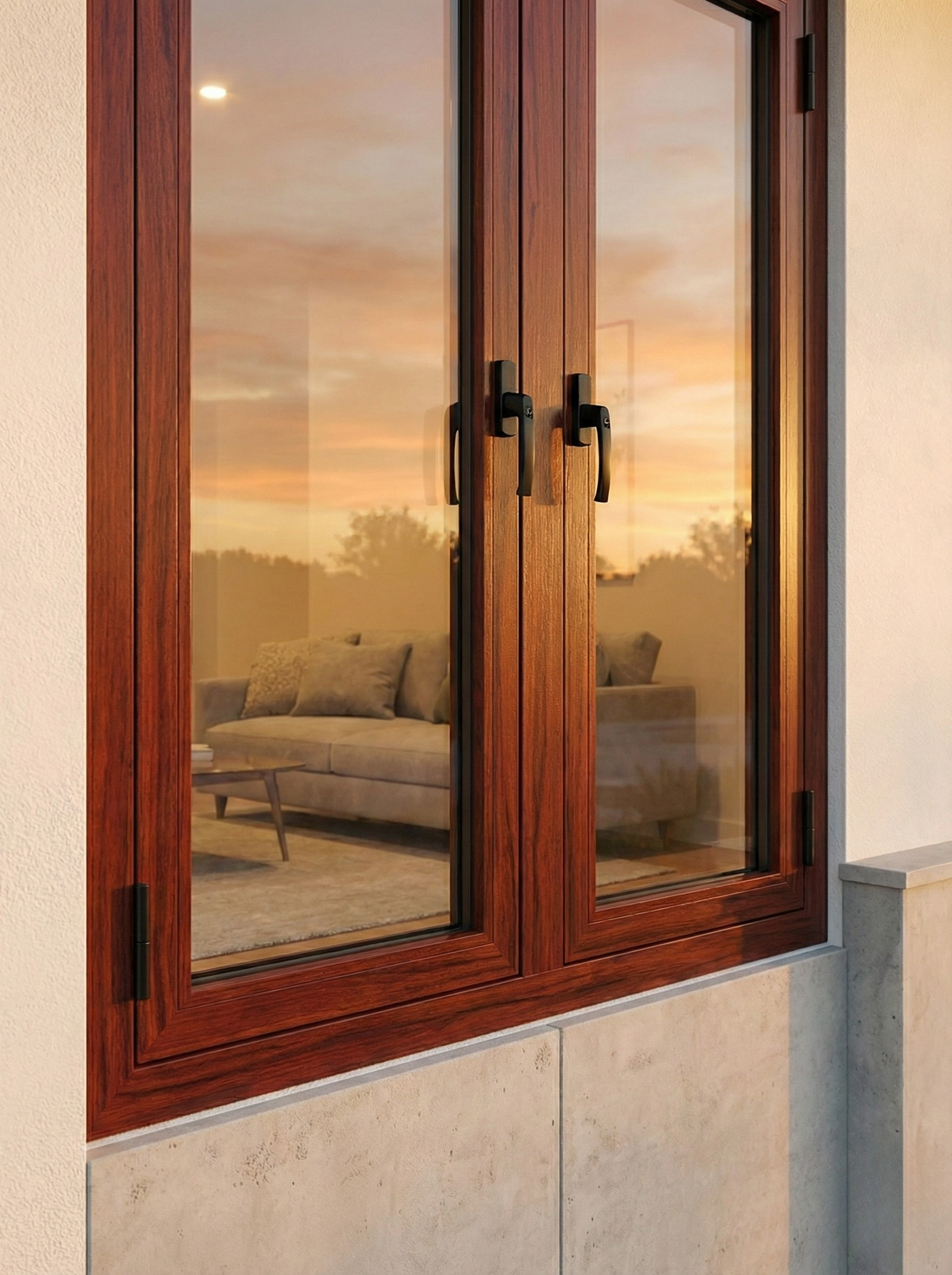 Wood-finish aluminium window with glass panels.