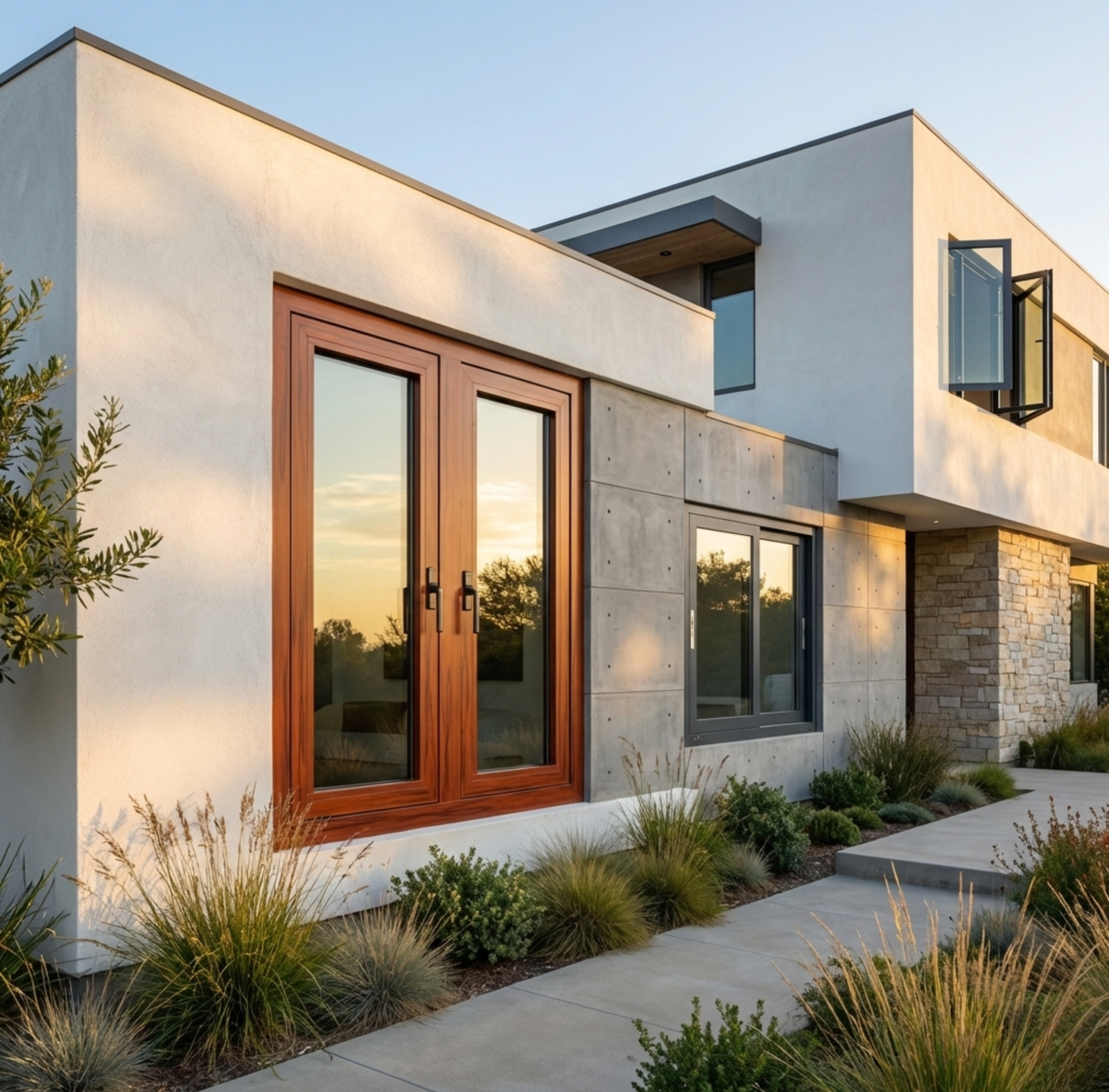 Large aluminum-framed windows with clean lines and a modern finish