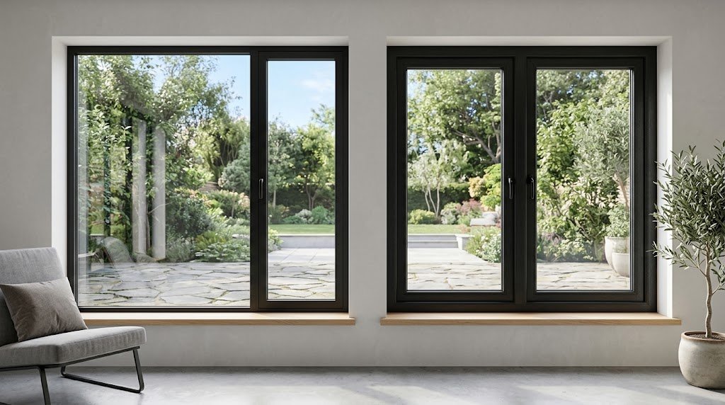 Black aluminum window with slim frames compared with a black vinyl window featuring a thicker residential frame profile.