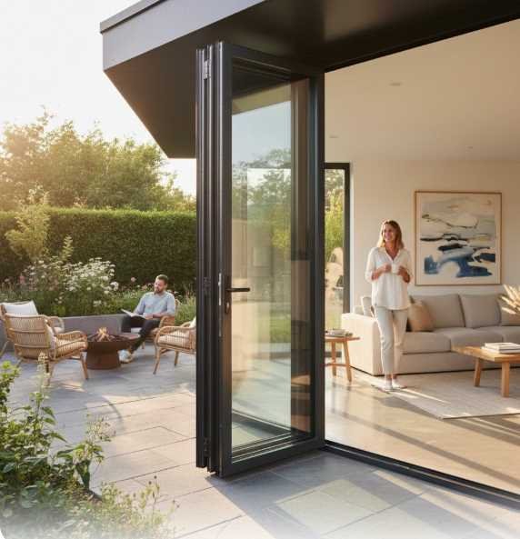 Slim-framed aluminum bifold door with large glass panels opened to a sunlit patio in a modern home.