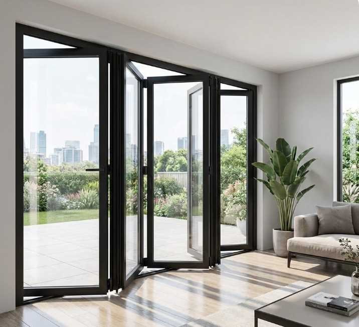 Modern aluminum bifold doors fully open to patio creating seamless indoor outdoor space