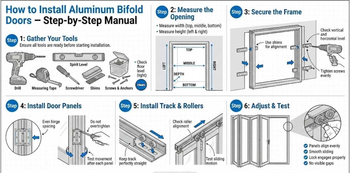 Step-by-step aluminum bifold door installation infographic manual diagram.