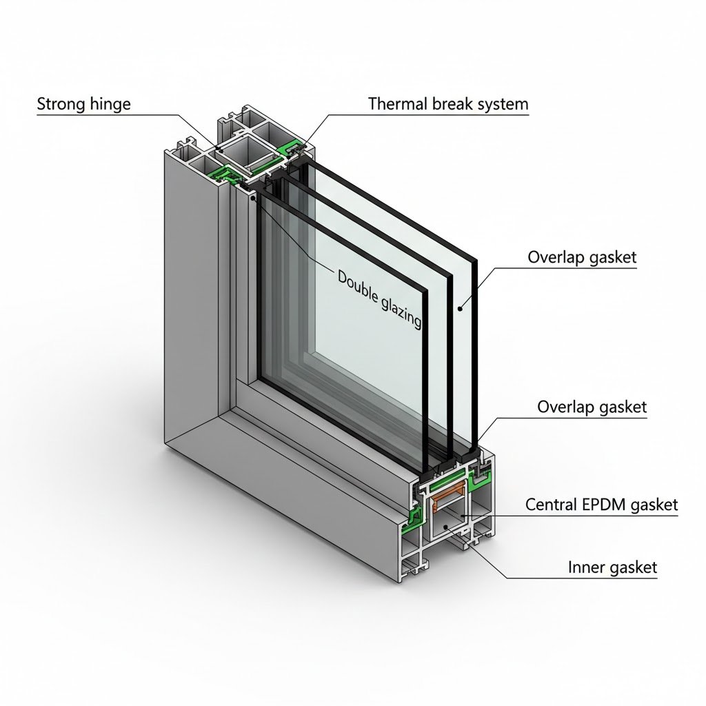 an aluminum bifold window frame profile showing cross-sectional structure. Isometric perspective view with the frame sliced to reveal internal chambers, thermal break system, EPDM gaskets, double glazing unit (up to 32mm), hinge mechanism, and insulating strips. Use green highlights to emphasize gasket and thermal components