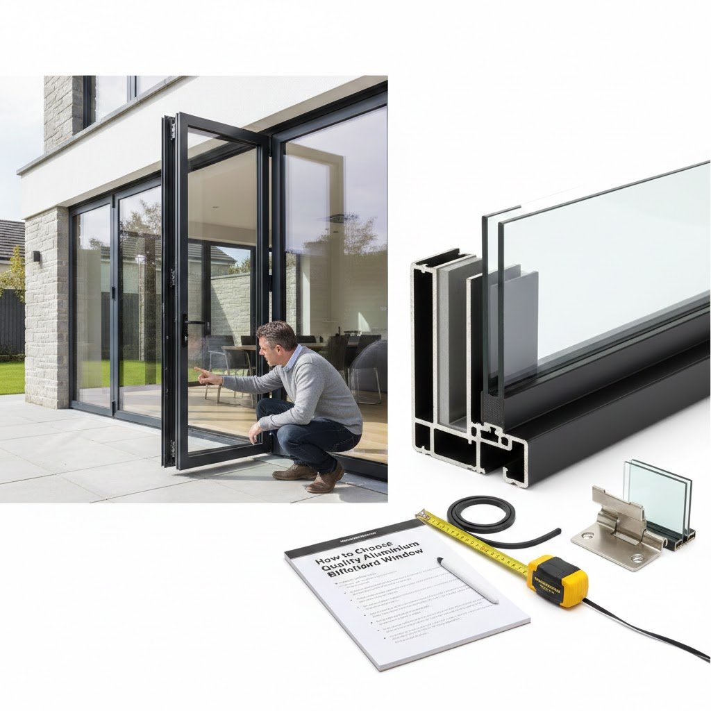 homeowner examining a high-quality aluminium bifold window installation. Modern home exterior with large black aluminum bifold doors/windows partially open, showcasing slim frames, double glazing, and smooth folding panels