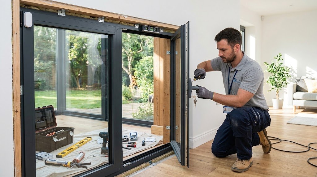 Professional installation of an aluminium tilt-turn window with secure frame alignment, multi-point locking, weather seals, and a smart security sensor.