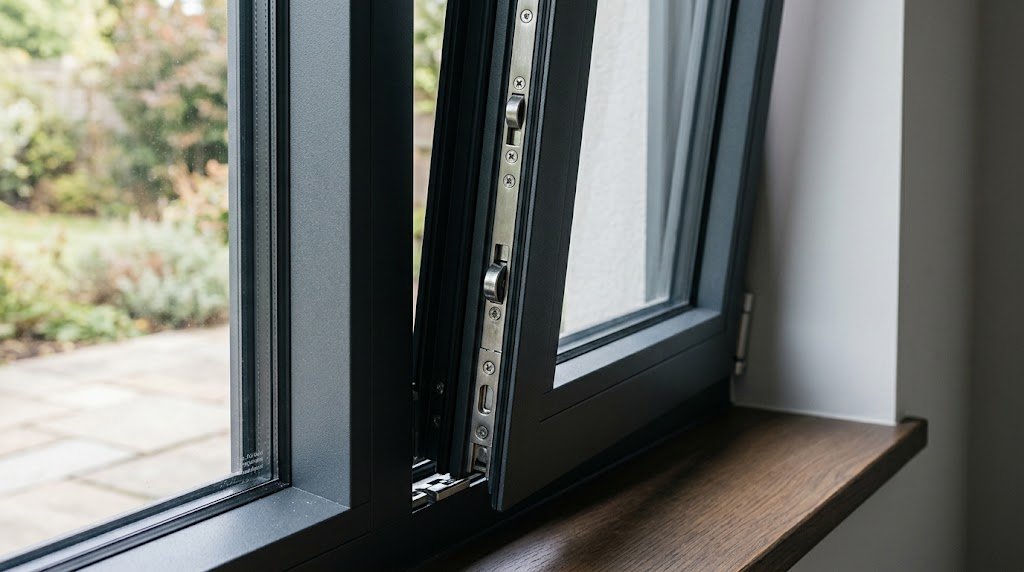 Aluminium tilt-turn window showing a strong frame, reinforced hardware, multi-point locks, weather seals, and durable safety glass.