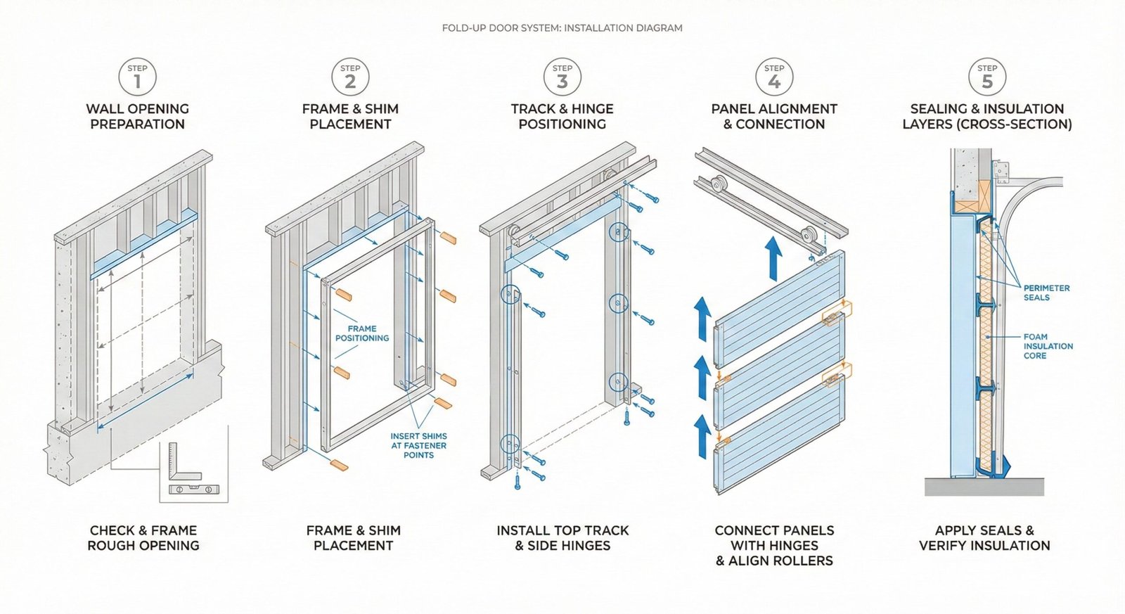Fold-up window installation steps showing frame, tracks, hinges, and panels