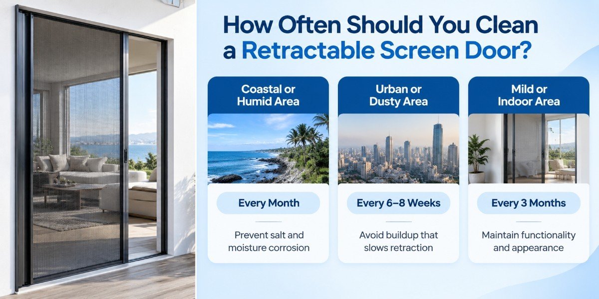 Infographic showing recommended retractable screen door cleaning frequency by environment: every month for coastal or humid areas, every 6–8 weeks for urban or dusty areas, and every 3 months for mild or indoor areas.