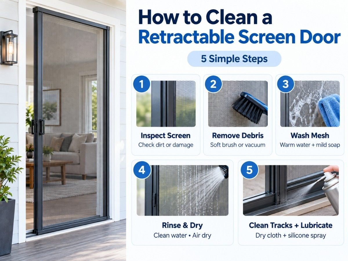 Infographic showing how to clean a retractable screen door in five steps: inspect the screen, remove debris, wash the mesh with mild soap, rinse and air dry, and clean and lubricate the tracks with silicone spray.