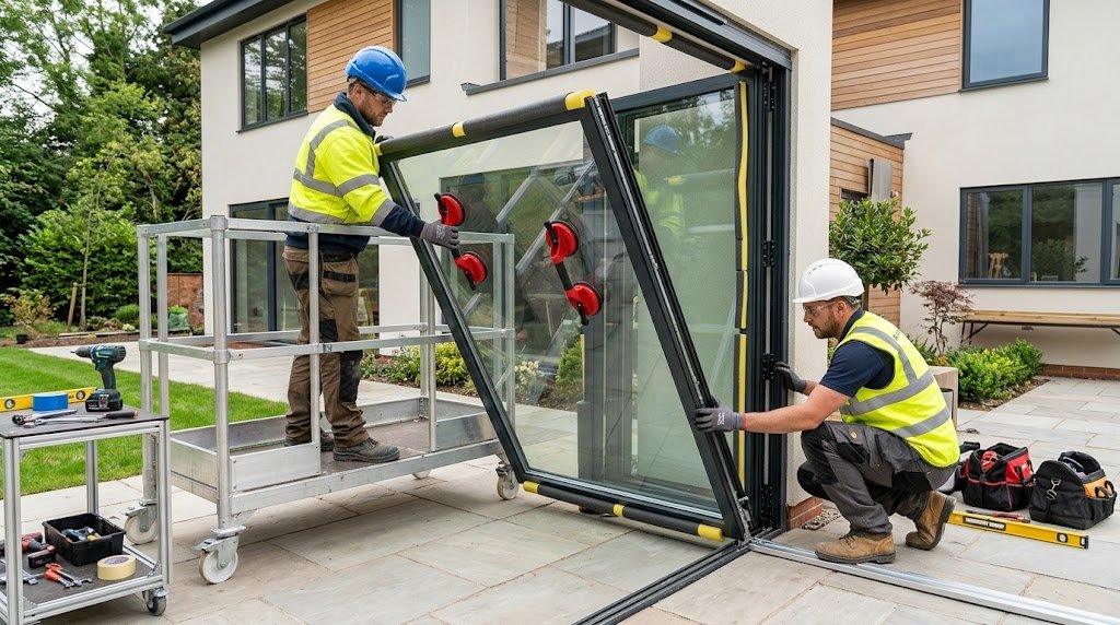 Professional installers following safety precautions while fitting a fold-up window, using protective gear, glass suction lifters, and secure handling techniques.