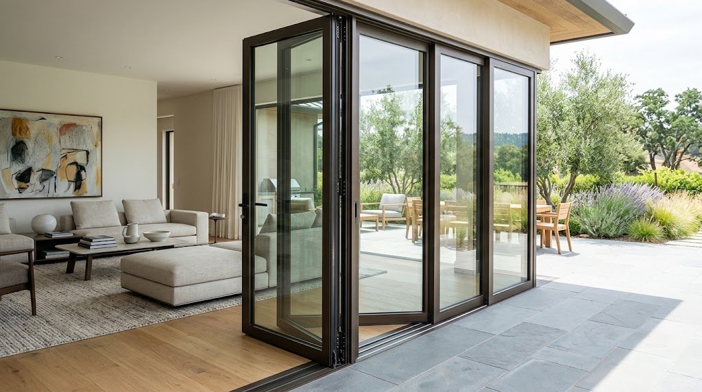 Architectural photo of a modern swing-sliding glass door system partially open, connecting an upscale living room to an outdoor patio.