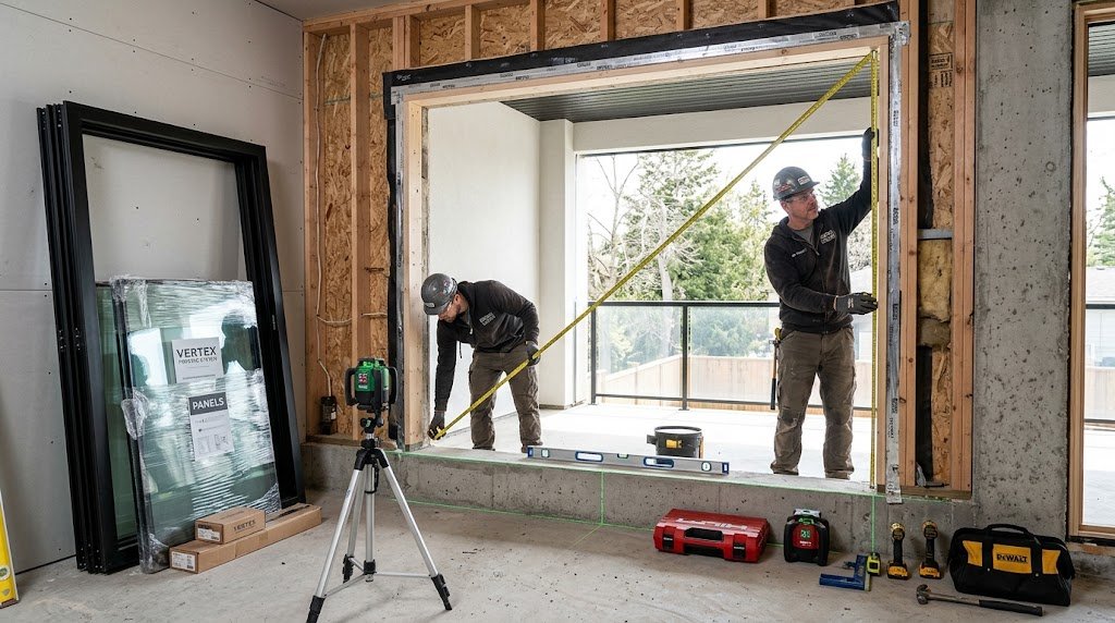 Professional installers measuring and checking a fold-up window opening with a tape measure and laser level before installation.
