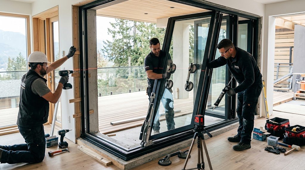 Professional installers fitting and aligning a fold-up window with aluminum frames, glass panels, tracks, hinges, and sealing hardware.