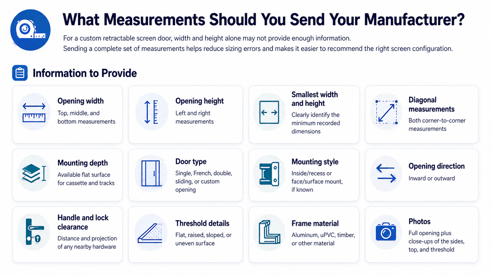 Landscape infographic listing 12 measurements and details to send a retractable screen door manufacturer, including width, height, diagonals, mounting depth, door type, clearance, frame material, and photos.