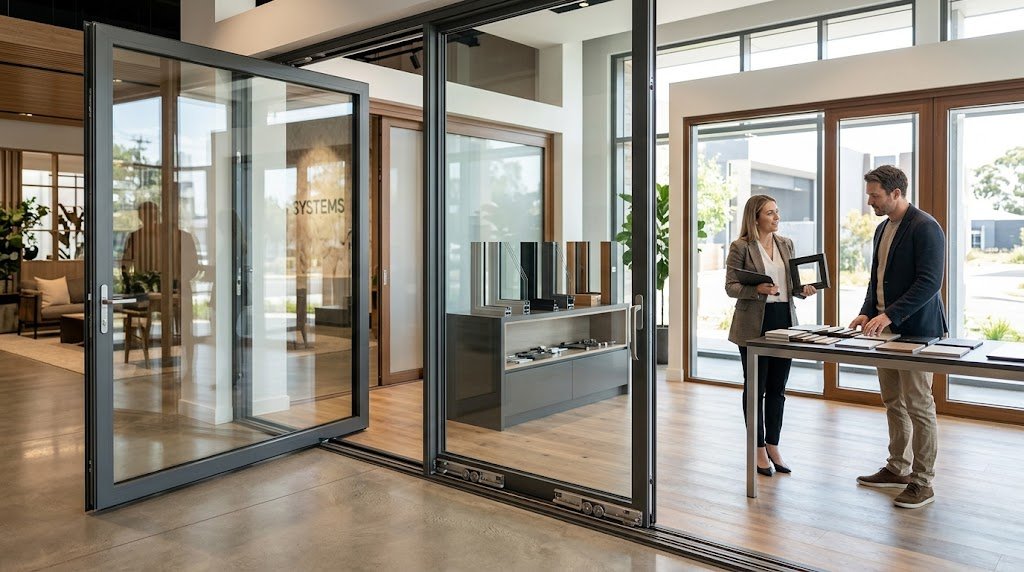 Premium swing-sliding doors displayed in a modern showroom with slim aluminum frames, large glass panels, and a consultant assisting a homeowner.