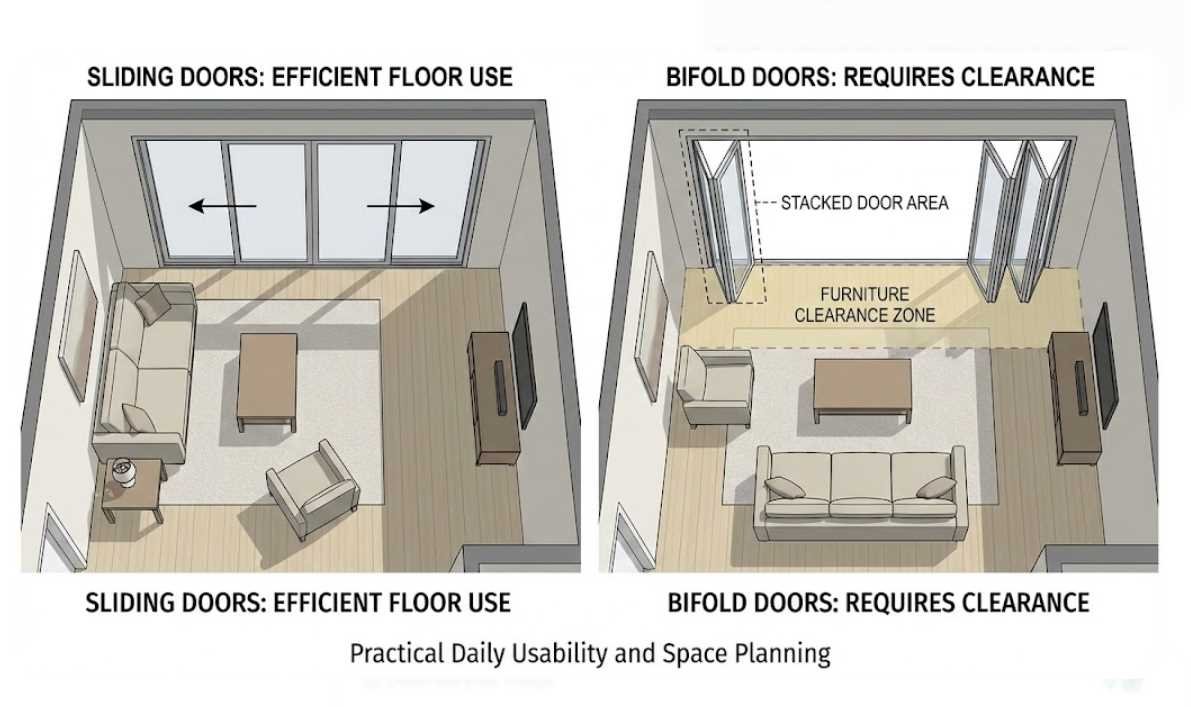 A side-by-side top-down diagram comparing the floor space required for sliding versus bifold doors.