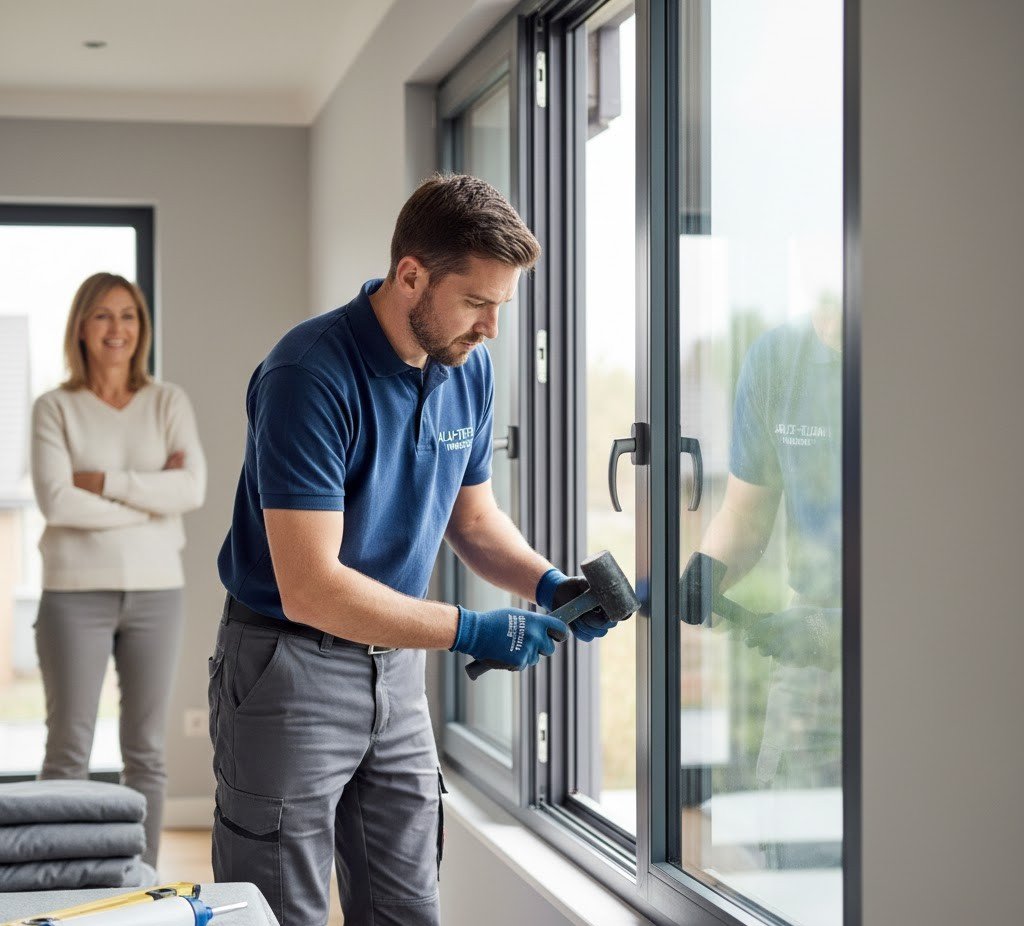 Professional installing a modern aluminum window while a homeowner observes, representing Oridow’s trusted quality and expertise.