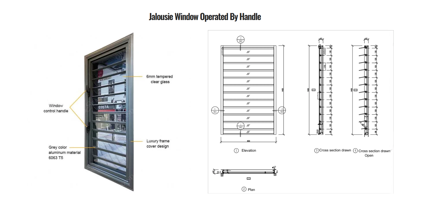 Aluminum jalousie window with handle operation, 6mm tempered glass louvers, and detailed elevation and section drawings