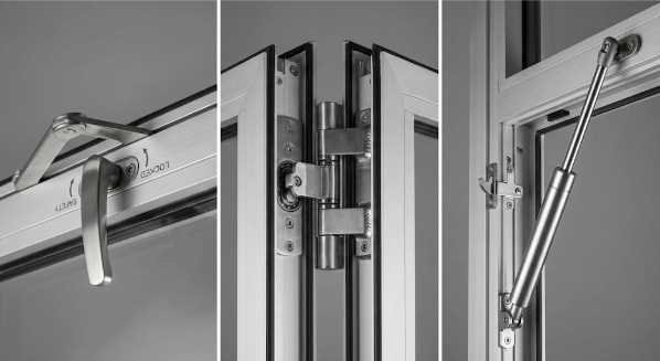Close-up of a gas strut window system showing aluminium frame construction and gas strut mechanism for structural strength and safety.