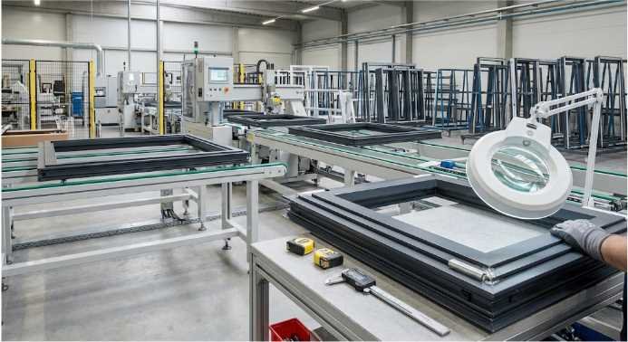 Aluminum window frames being assembled and inspected in a modern manufacturing facility