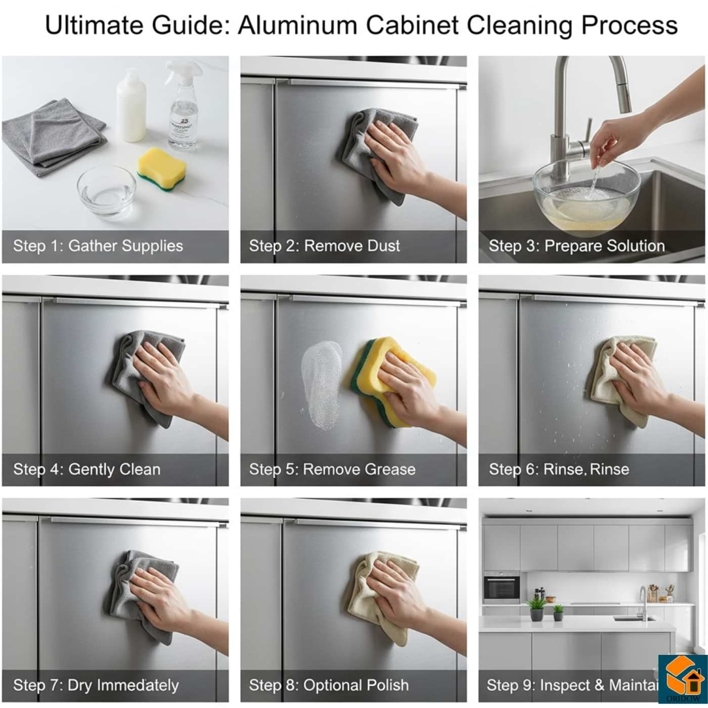 step by step process Clean and well-maintained aluminum kitchen cabinets in a modern kitchen