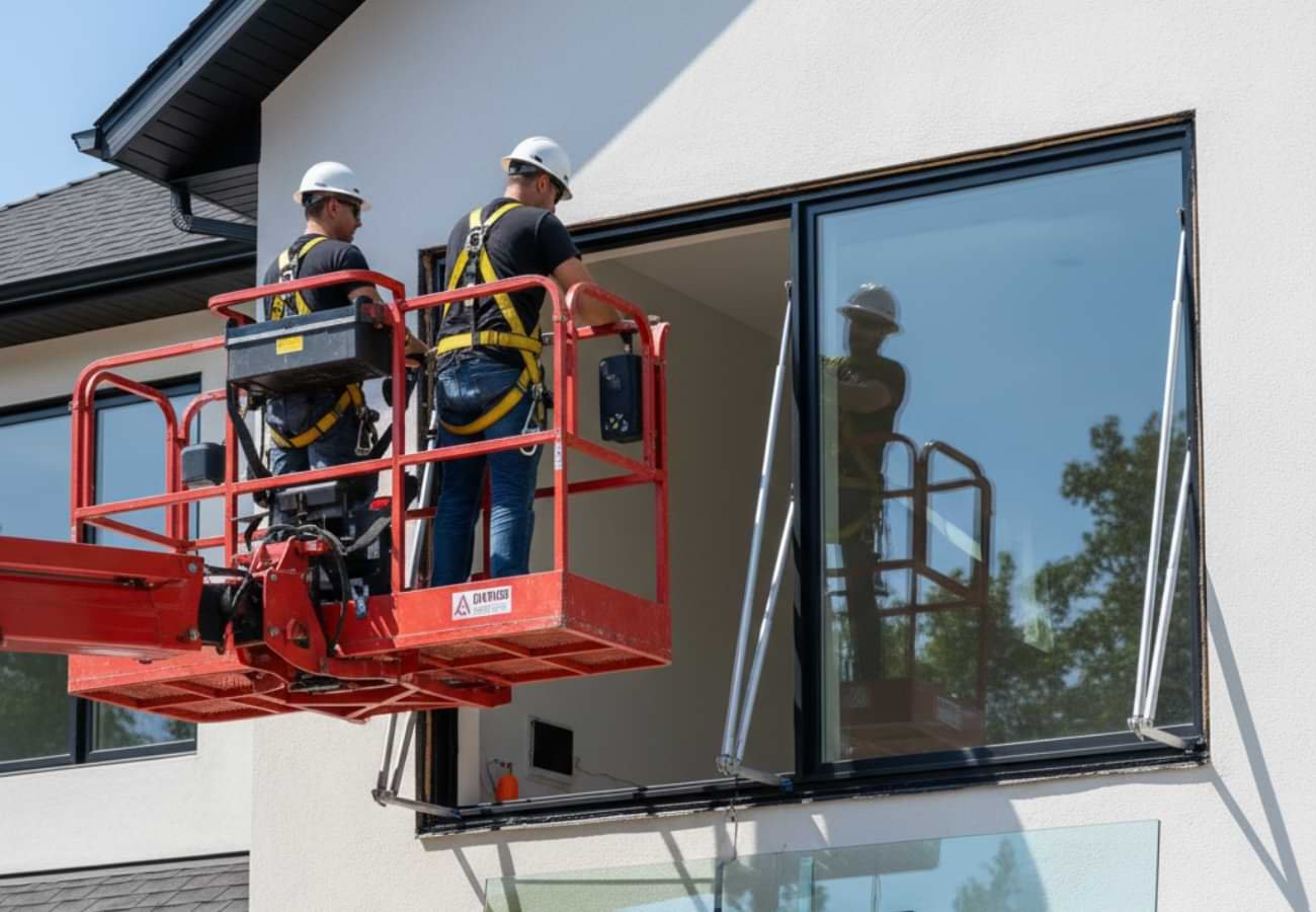 professional installers fitting a gas strut window using lifting equipment and safety harnesses