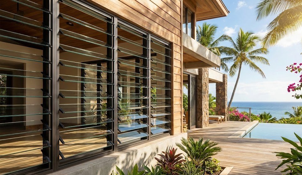 Modern tropical home with open jalousie windows allowing natural airflow in a sunny coastal climate