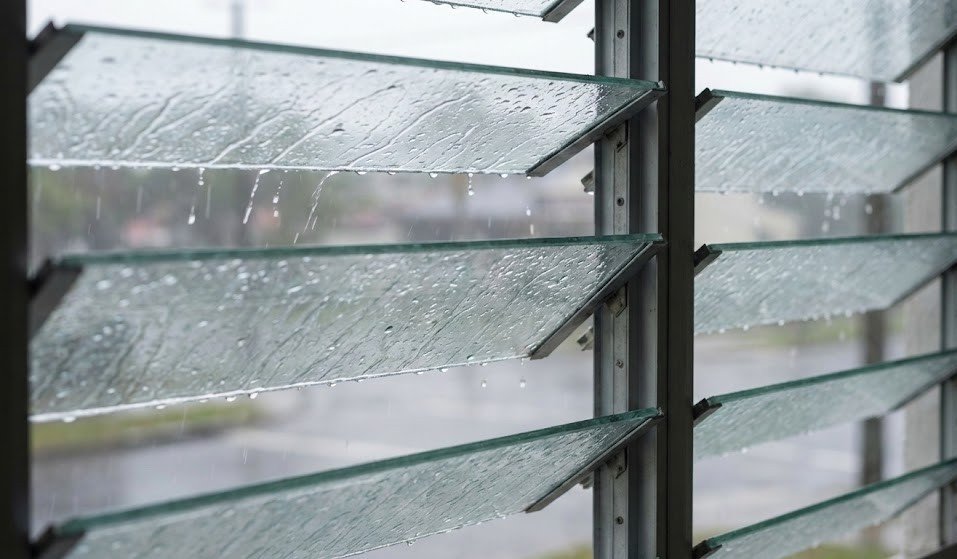 Close-up of jalousie window louvers showing airflow ventilation while deflecting rain during light rainfall