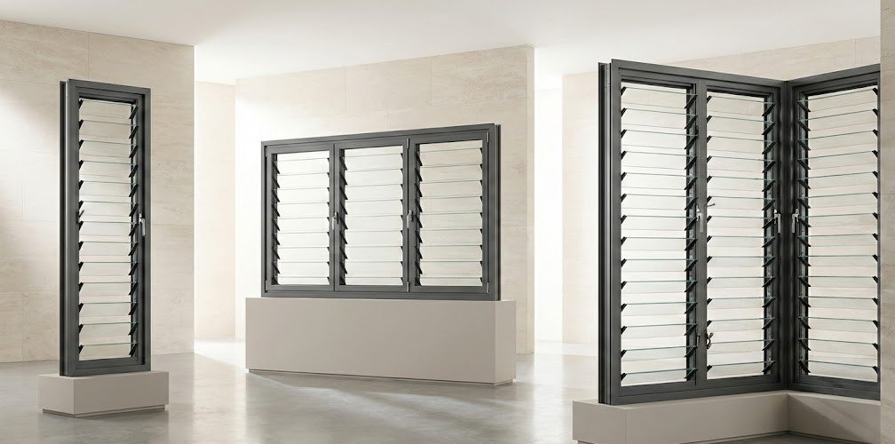 Modern jalousie window systems with aluminum frames and glass louvers displayed in a professional product setting