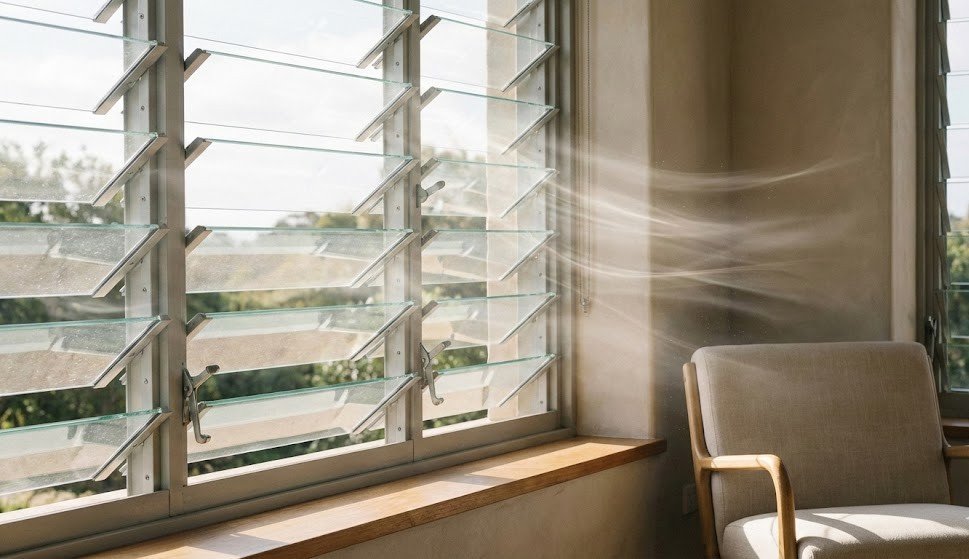 Jalousie window with adjustable glass louvers angled open to direct airflow and improve indoor ventilation naturally.