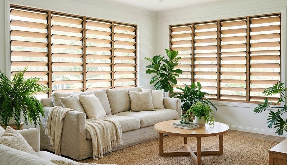 Interior living space with jalousie windows open for fresh air, balanced daylight, and year-round indoor comfort.