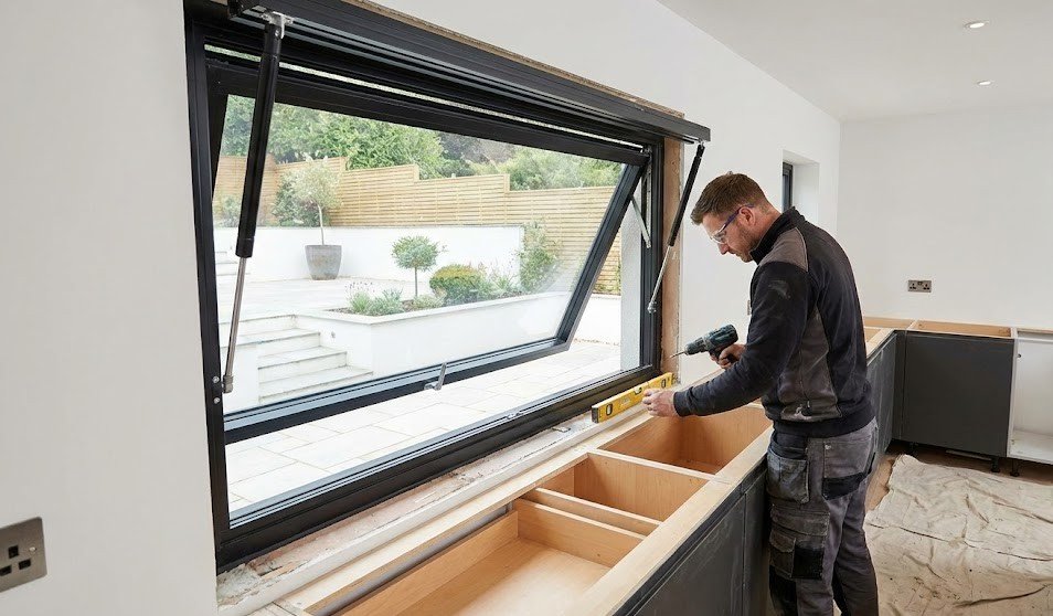 A professional installer uses a drill and level to install a large black gas strut window in a kitchen during a renovation.