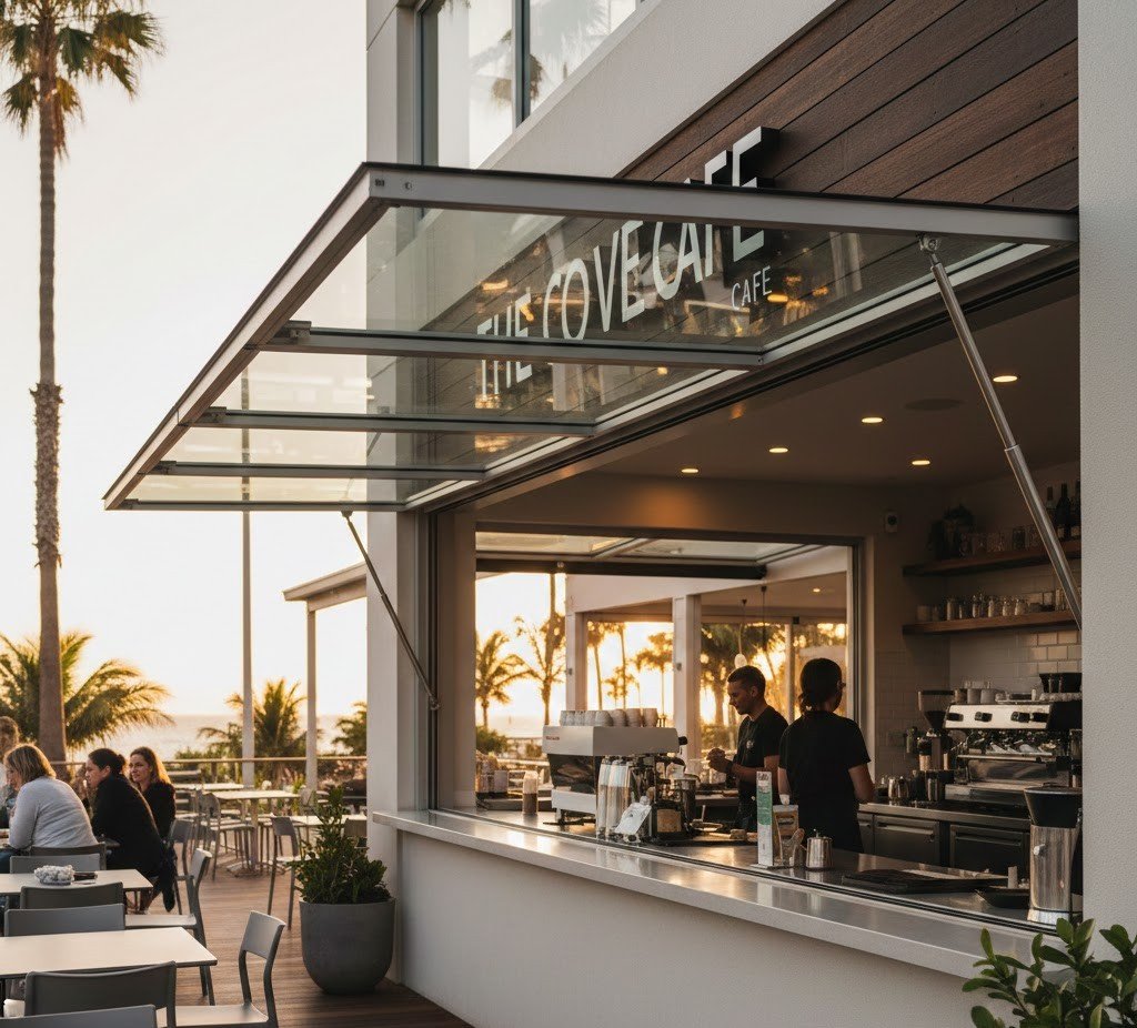 Modern cafe with a large gas strut flip-up window opening onto an outdoor patio, featuring sleek metal hardware and glass.