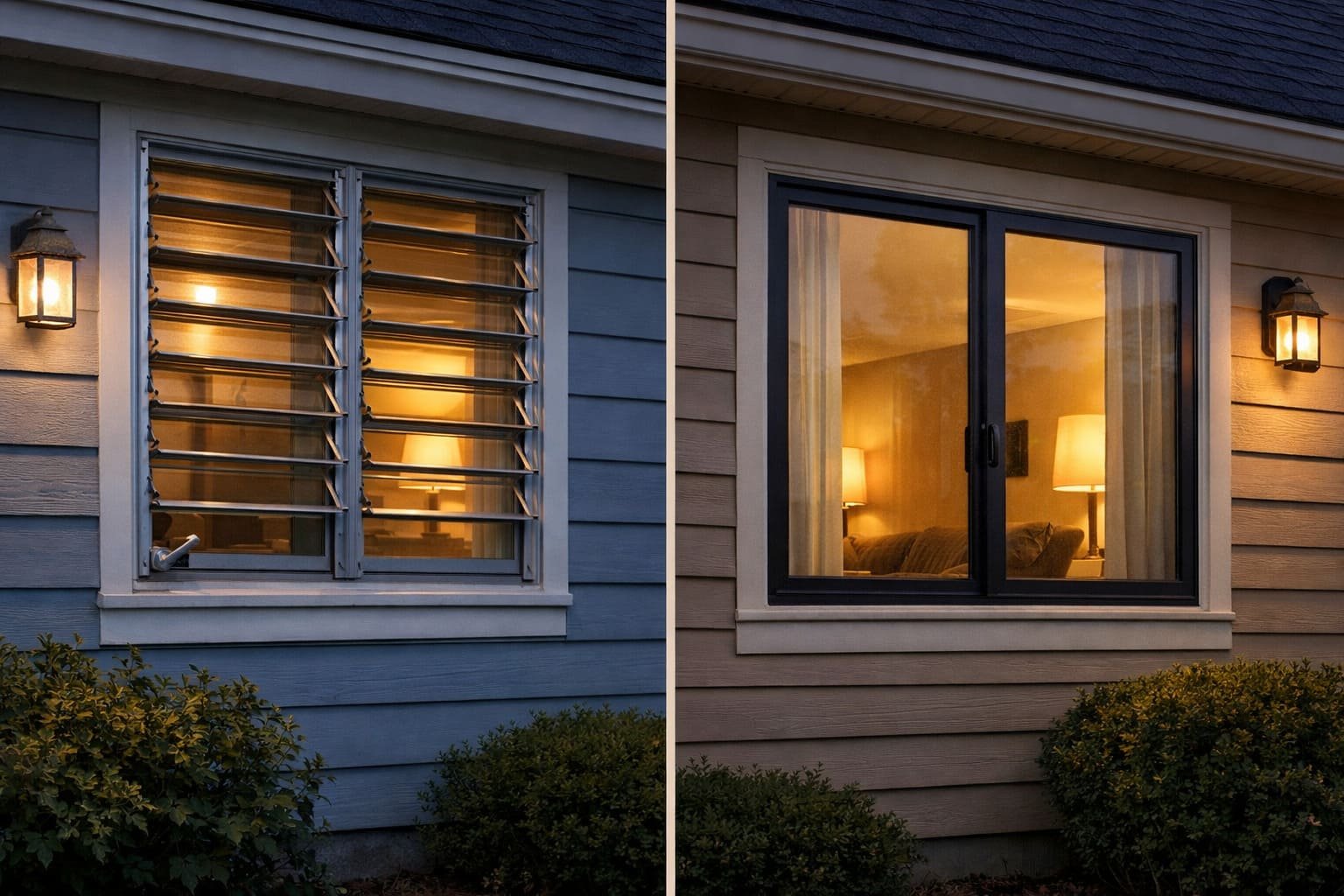 Side-by-side comparison of a home with partially open jalousie windows featuring narrow glass slats and a home with closed modern sliding windows with large solid glass panes and visible locking mechanism at dusk.