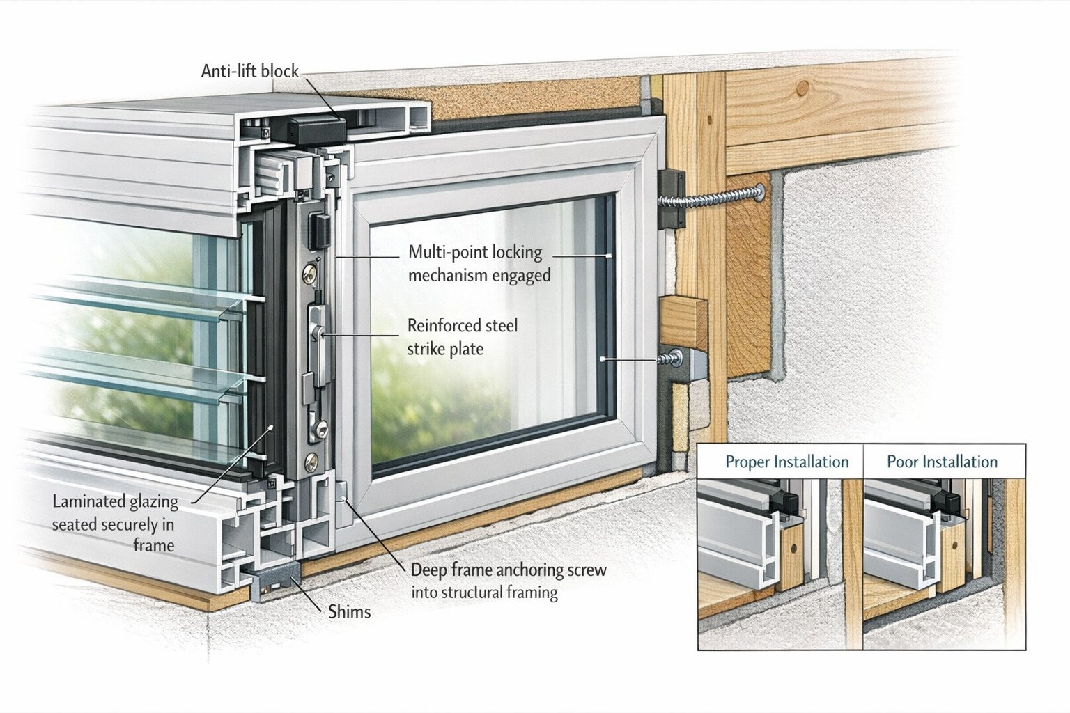 Technical cross-section of an aluminum sliding window showing locking hardware, frame anchoring, anti-lift block, laminated glass, and a small inset comparing proper versus poor installation.