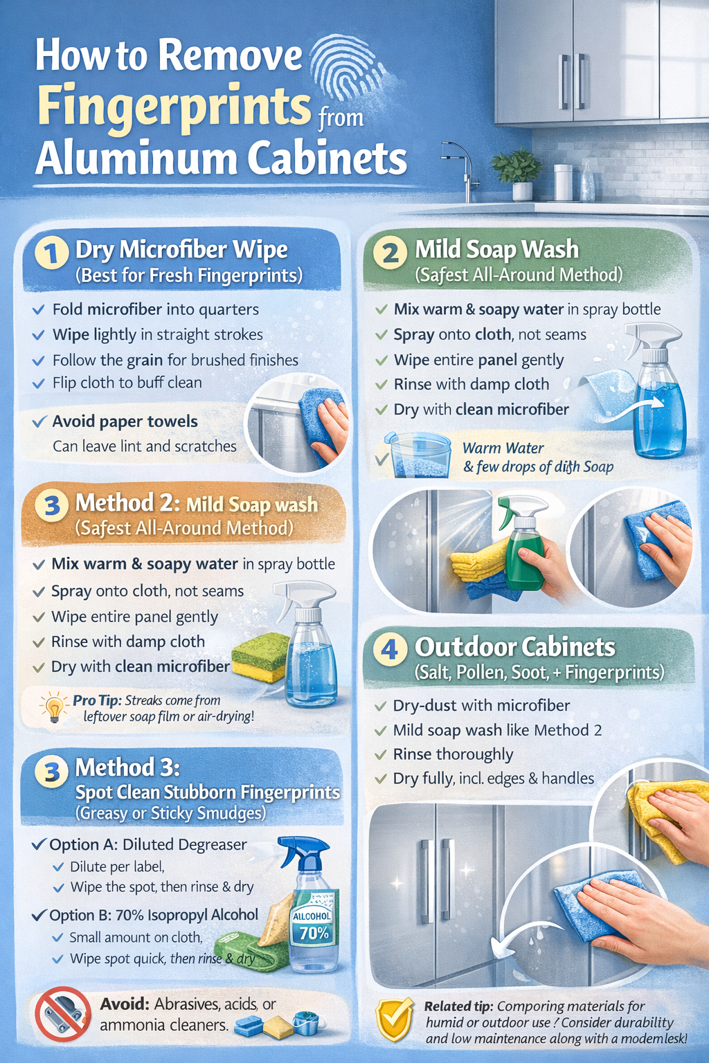 : Infographic titled “How to Remove Fingerprints from Aluminum Cabinets” showing four cleaning methods