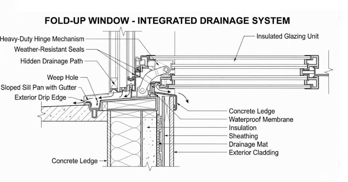 Cross-section of aluminum window showing internal drainage channel
