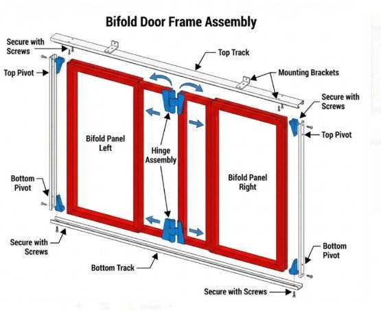 Two aluminum bifold door systems with different panel sizes being opened by a homeowner, showing larger panels versus smaller panels on the same style track.