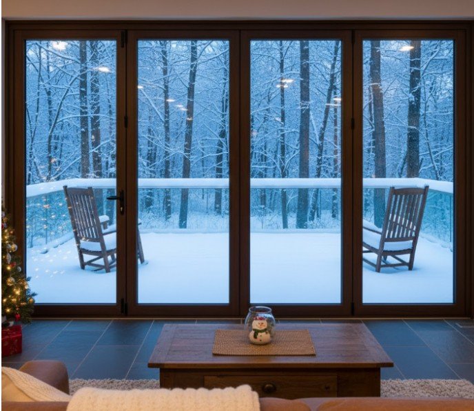 Cutaway illustration of aluminium bifold doors showing a thermally broken frame, double glazing with gas fill, warm edge spacer bar, weather seals, and installation details that affect thermal efficiency.