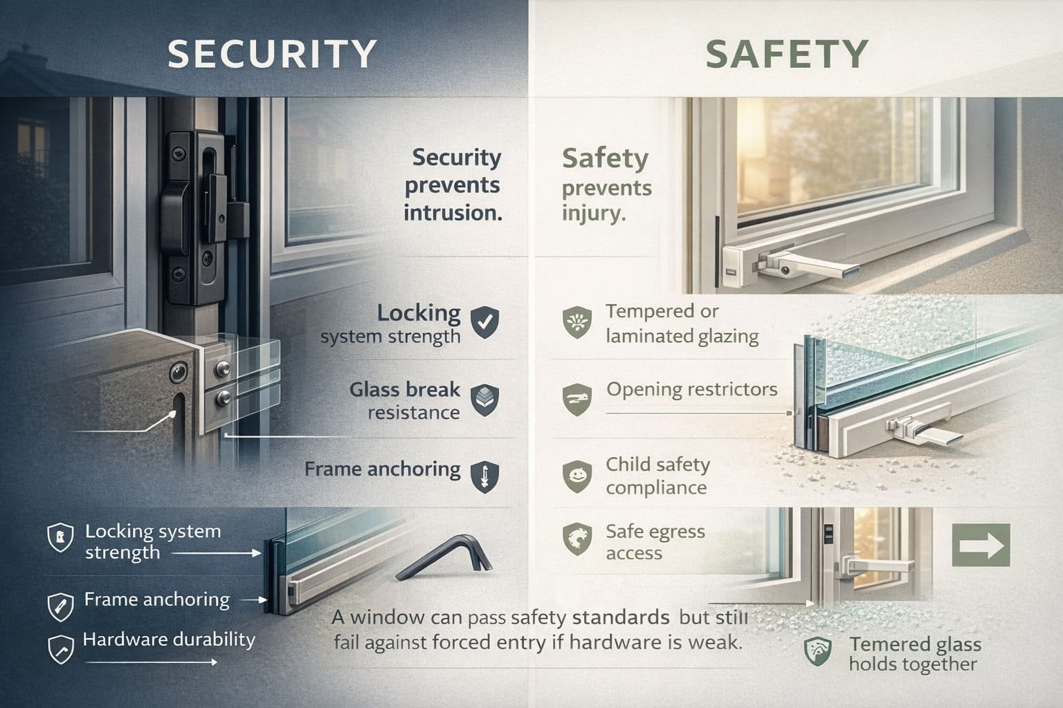 Safety vs security window comparison showing locks, laminated glass, opening restrictors, and egress features side by side.