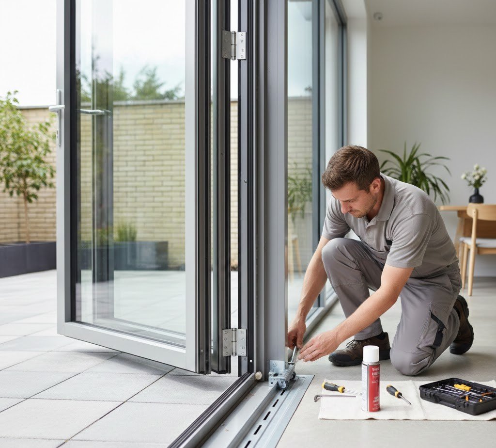 Technician kneeling beside an aluminum bifold door track, inspecting and adjusting the rollers with tools in a bright modern room, with the doors partially open to a patio.